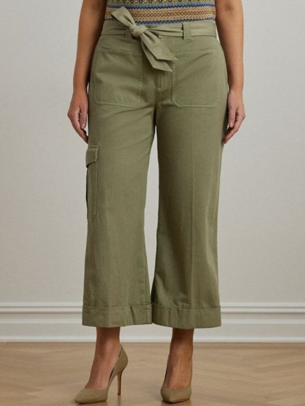 $185 Lauren Ralph Lauren Pleated Cotton Twill Wide-Leg Cargo Pant Green Size 16 - Picture 2 of 12
